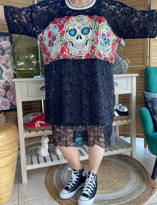 Top tunique ample dentelle noire Mexican Skulls Calaveras du 40 au 50/52