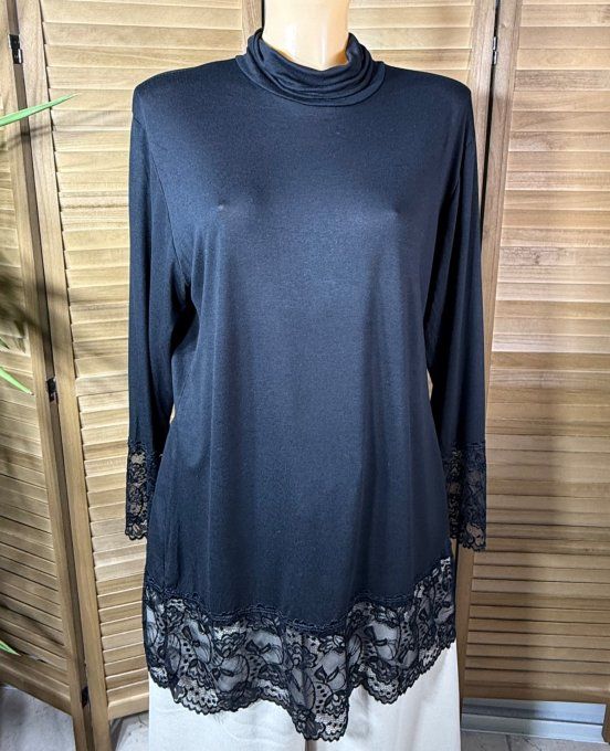 Top dentelle / Sous-pull dit "Rouleau" noir col roulé manches longues du 40 au 52/54