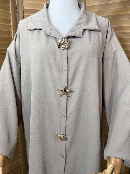 Chemise ample taupe asymétrique 3 broches dorées or du 40 au 50/52 