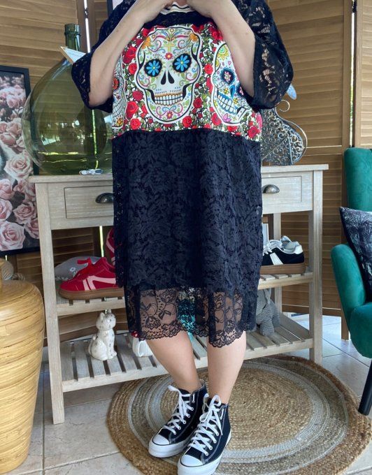 Top tunique ample dentelle noire Mexican Skulls Calaveras du 40 au 50/52