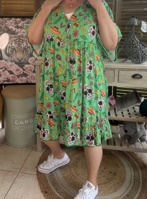 Robe trapèze courte verte Skulls  Calaveras Viva Mexico du 40 au 52 