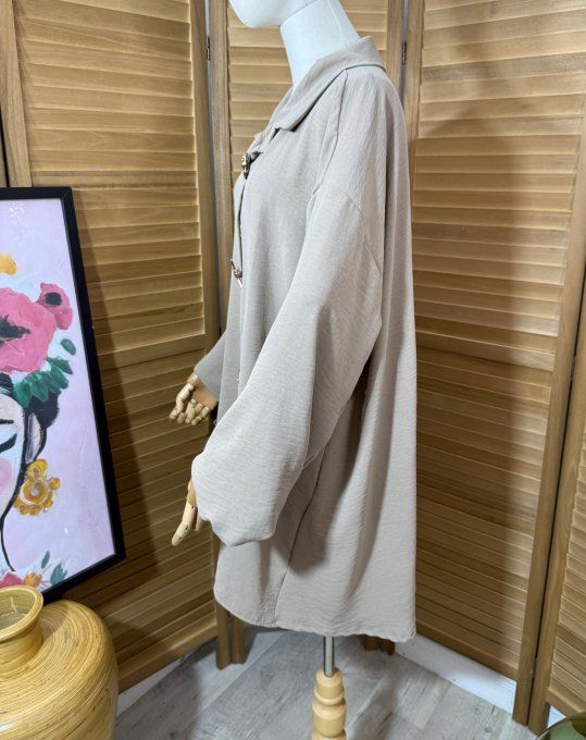 Chemise ample taupe asymétrique 3 broches dorées or du 40 au 50/52 