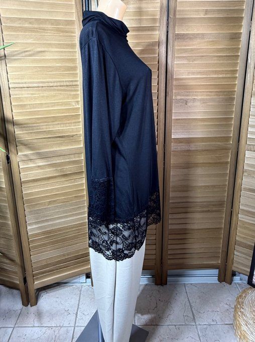 Top dentelle / Sous-pull dit "Rouleau" noir col roulé manches longues du 40 au 52/54