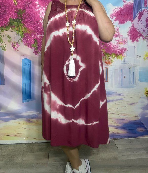 Robe mi-longue Tie & Dye Lie de Vin broderie poitrine et bretelles douceur +++ du 40 au 52