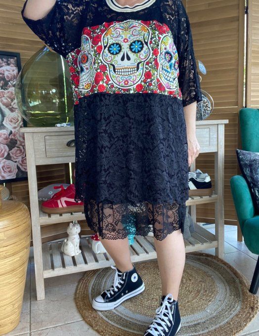 Top tunique ample dentelle noire Mexican Skulls Calaveras du 40 au 50/52