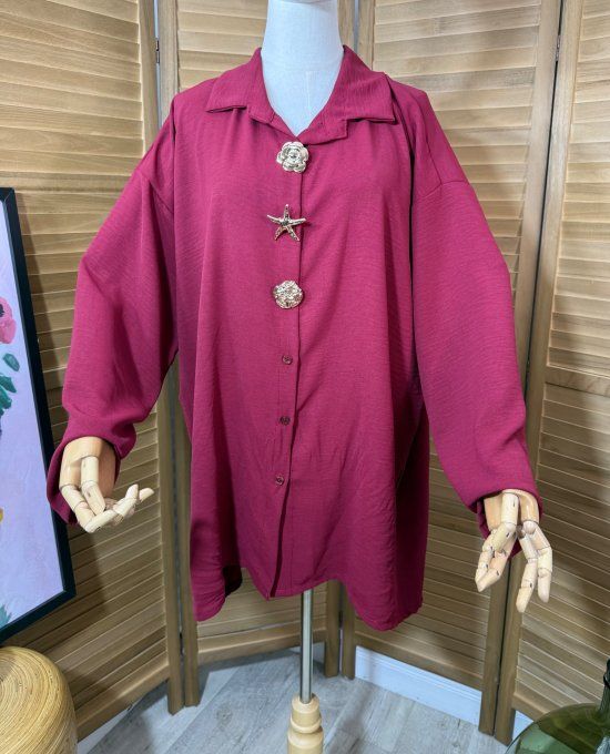 Chemise ample Bordeaux asymétrique 3 broches dorées or du 40 au 50/52  