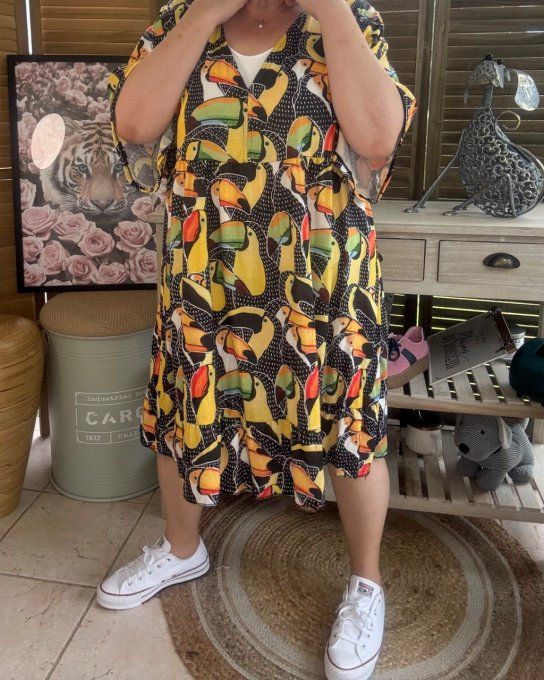 Robe trapèze courte Tropical Summer Vibes Toucans du 40 au 52 
