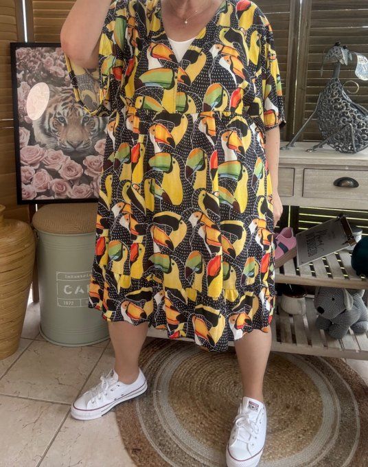 Robe trapèze courte Tropical Summer Vibes Toucans du 40 au 52 
