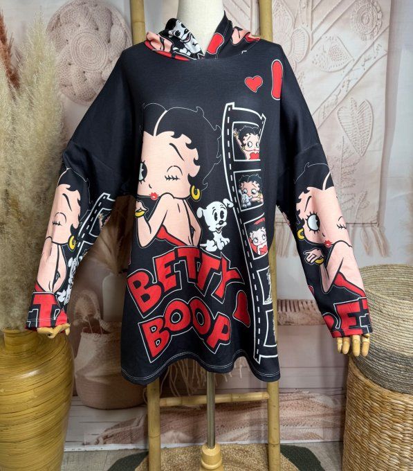 Sweat à capuche ample noir Betty Boop Hollywood Pin up du 40 au 52/54 