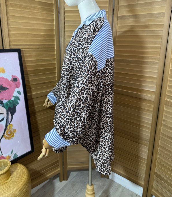 Chemise ample Léopard et rayée bleu 5 soleil broches dorées or du 40 au 50