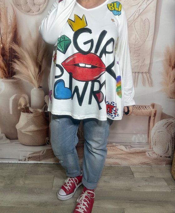Top trapèze blanc manches longues Girl Power Positive Vibes du 40 au 54/56 