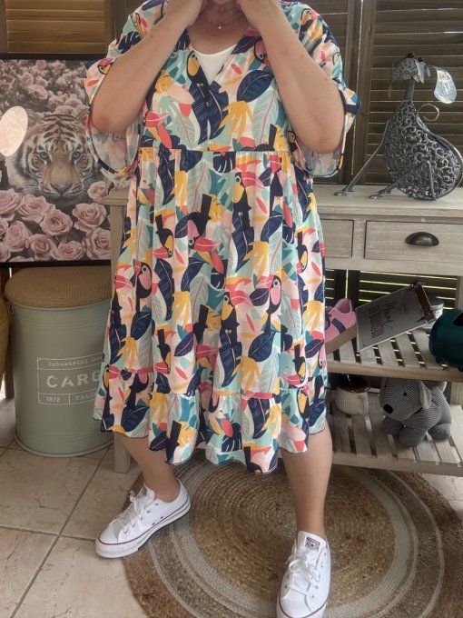 Robe trapèze courte Tropical jungle Toucans du 40 au 52 