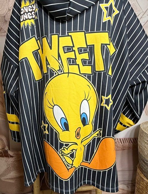 Sweat à capuche ample noir rayé Titi Looney Tunes du 40 au 52/54 