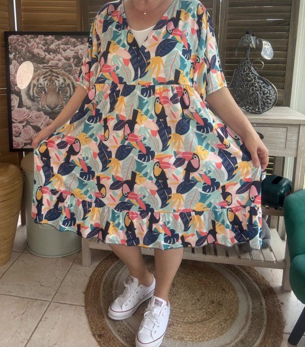Robe trapèze courte Tropical jungle Toucans du 40 au 52 
