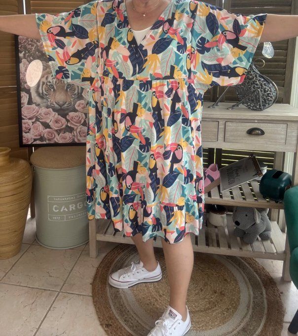 Robe trapèze courte Tropical jungle Toucans du 40 au 52 
