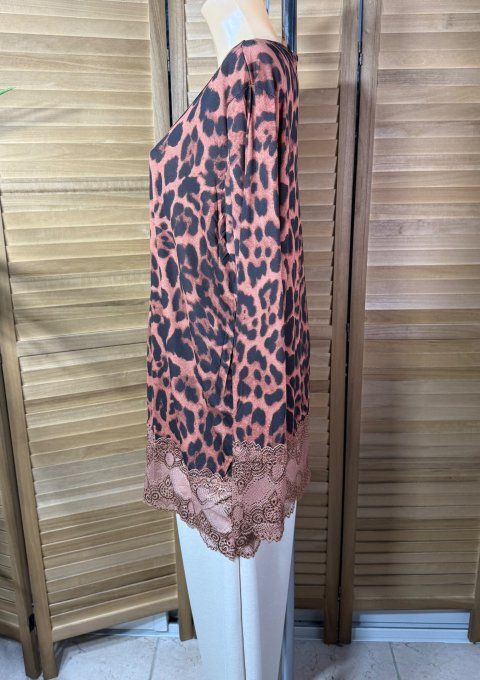 Top dentelle / Sous-pull dit "Rouleau" Léopard Rouille manches longues du 42 au 54/56