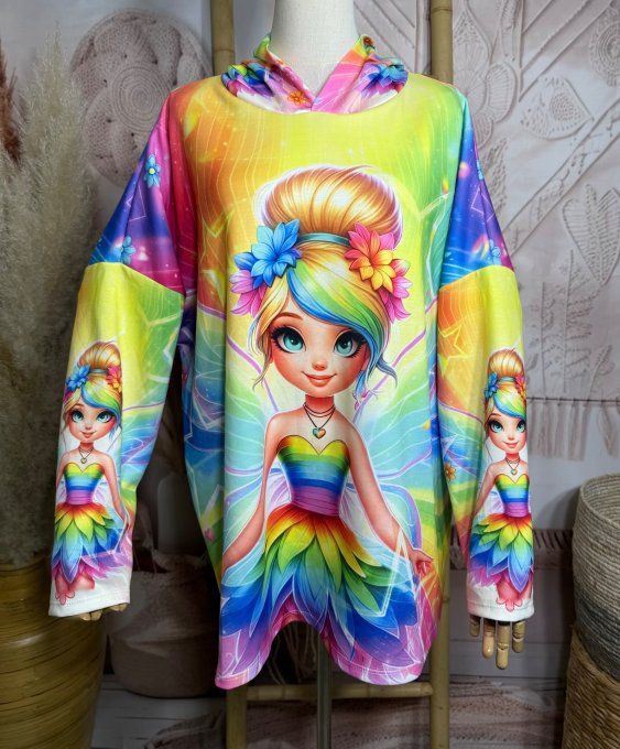 Sweat à capuche ample multicolore La Fée Clochette Arc-en-ciel du 40 au 52/54 