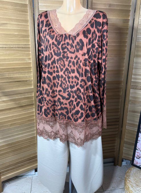 Top dentelle / Sous-pull dit "Rouleau" Léopard Rouille manches longues du 42 au 54/56