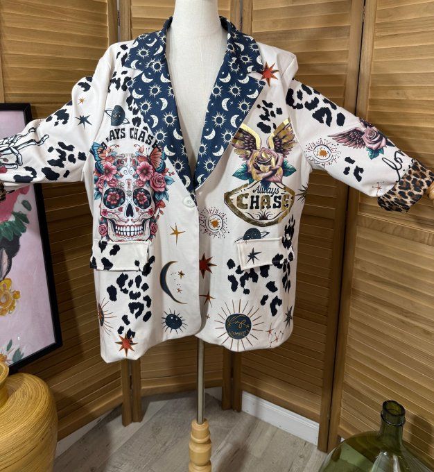 Veste blazer Mexican Skulls doublée Léopard du 42 au 52/54 et même + si portée ouverte 