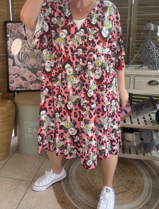 Robe trapèze courte rose corail Viva Frida Kahlo du 40 au 52 