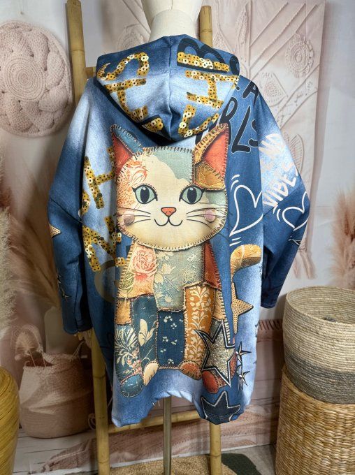 Sweat à capuche ample multicolore effet jeans Le Chat Patchwork du 40 au 52/54 