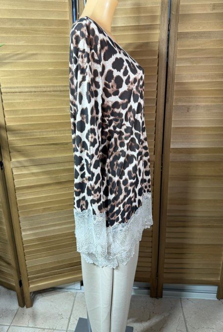 Top dentelle / Sous-pull dit "Rouleau" Léopard crème manches longues du 42 au 54/56