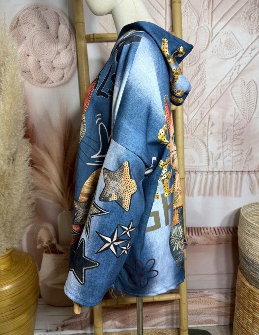 Sweat à capuche ample multicolore effet jeans Le Chat Patchwork du 40 au 52/54 