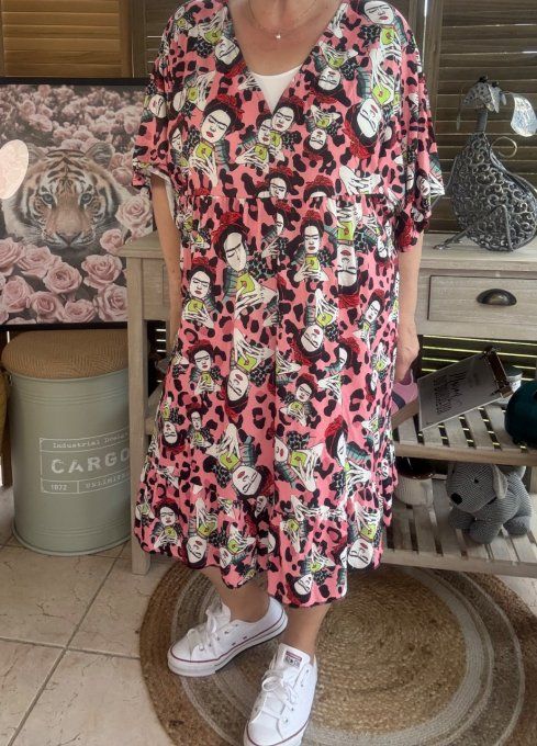 Robe trapèze courte rose corail Viva Frida Kahlo du 40 au 52 