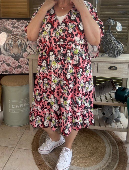 Robe trapèze courte rose corail Viva Frida Kahlo du 40 au 52 