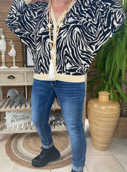 Sautoir étoiles pompon blanc marbré & perles bois bohème chic