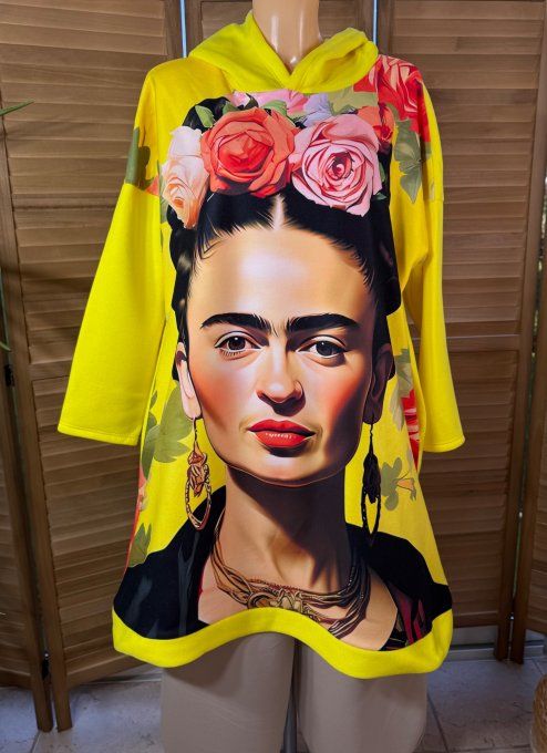 Sweat à capuche long ou robe sweat jaune Frida Kahlo du 40 au 52 