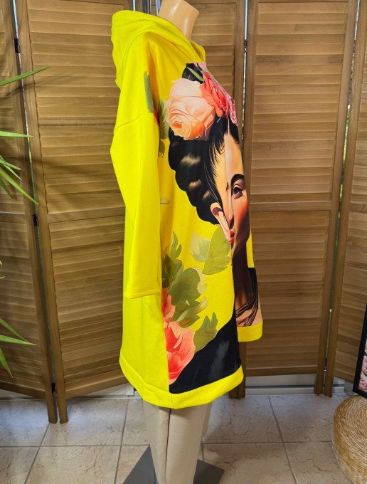 Sweat à capuche long ou robe sweat jaune Frida Kahlo du 40 au 52 
