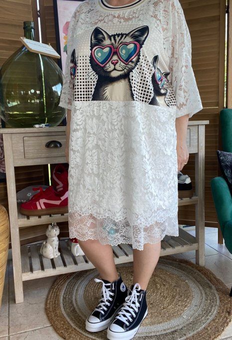 Tunique ample dentelle blanche Les Chats aux Lunettes Coeurs du 40 au 50/52  