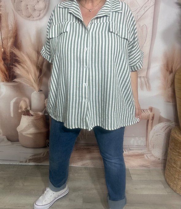 Chemise oversize rayée Kaki & blanc effet gaufré et aspect Lin du 40 au 52/54  