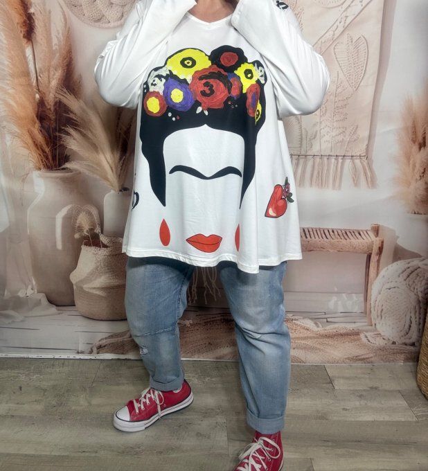 Top trapèze blanc manches longues Viva la Vida Frida Kahlo du 42 au 56/58 