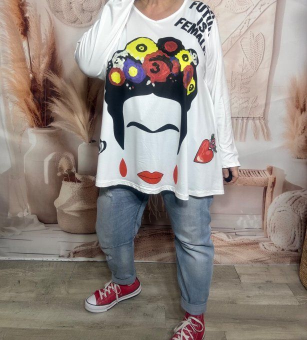 Top trapèze blanc manches longues Viva la Vida Frida Kahlo du 42 au 56/58 