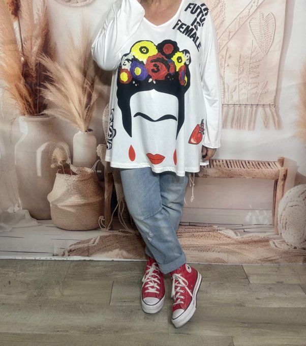 Top trapèze blanc manches longues Viva la Vida Frida Kahlo du 42 au 56/58 