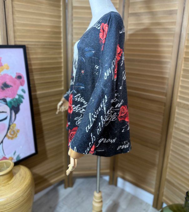 Pull fin ample noir Mexican Skulls & Red Roses douceur +++ du 40 au 52 