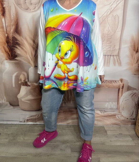 Top trapèze blanc manches longues Titi sous son parapluie Arc-en-ciel du 42 au 56/58