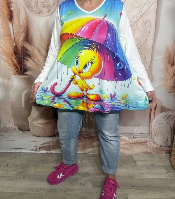 Top trapèze blanc manches longues Titi sous son parapluie Arc-en-ciel du 42 au 56/58 