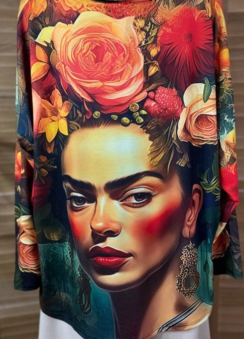 Top ample col bénitier multicolore Frida Kahlo aux Fleurs du 42 au 54/56 