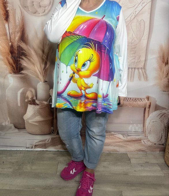 Top trapèze blanc manches longues Titi sous son parapluie Arc-en-ciel du 42 au 56/58 