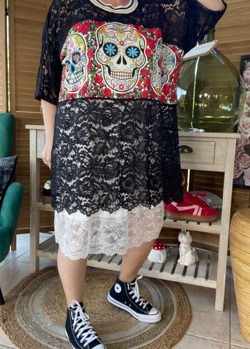 Top tunique ample dentelle noire Mexican Skulls Calaveras du 40 au 50/52