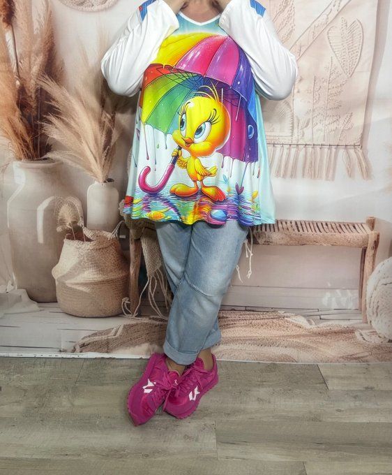 Top trapèze blanc manches longues Titi sous son parapluie Arc-en-ciel du 42 au 56/58 