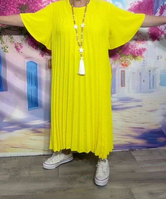 Robe longue plissée jaune citron manches courtes volantées légèreté ++++ du 40 au 52/54  