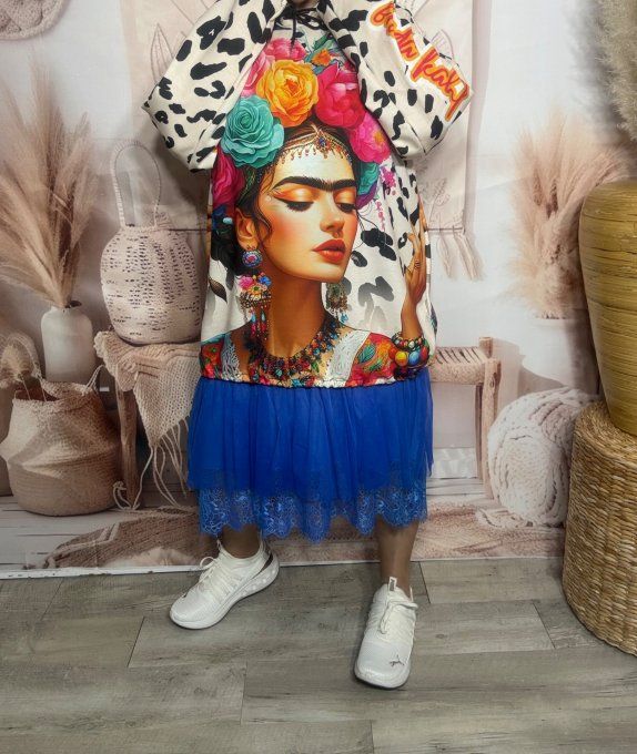 Sweat fin à capuche long beige Léo noir Frida Kahlo du 40 au 52/54 