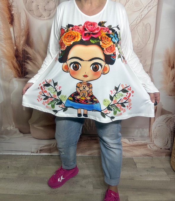 Top trapèze blanc manches longues Frida Kahlo Mexican Little Girl du 40 au 54/56 