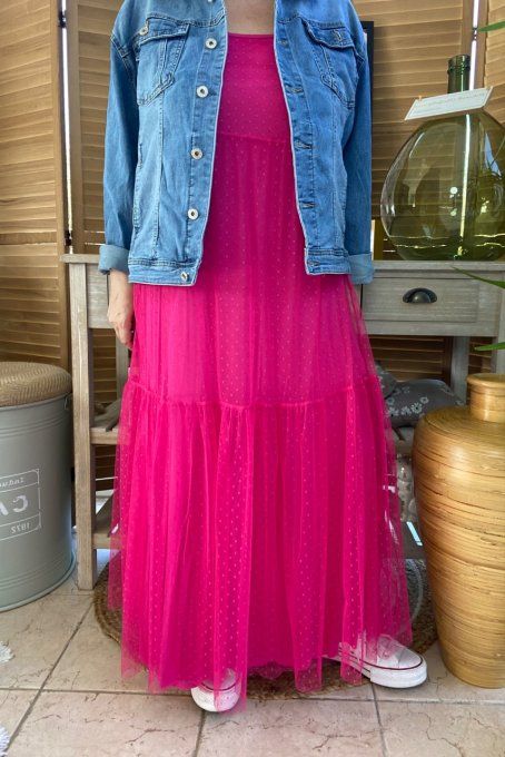 Fond de robe long tulle Fuschia et plumetis  bretelles réglables du 38 au 46/48 