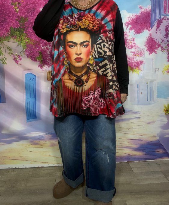 Tee-shirt Tunique trapèze col V noir Frida Kahlo Urban Pop Style douceur +++ du 40 au 54/56