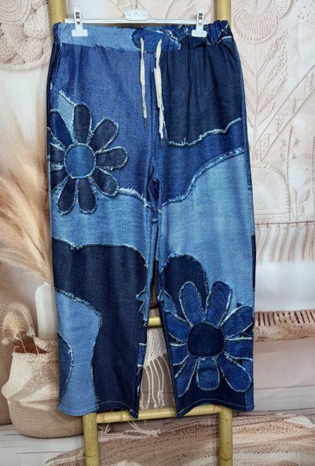 Panta-jogg effet jeans délavé Patchwork Hippie Spirit Fleurs stretch ++++ du 40 au 52/54 